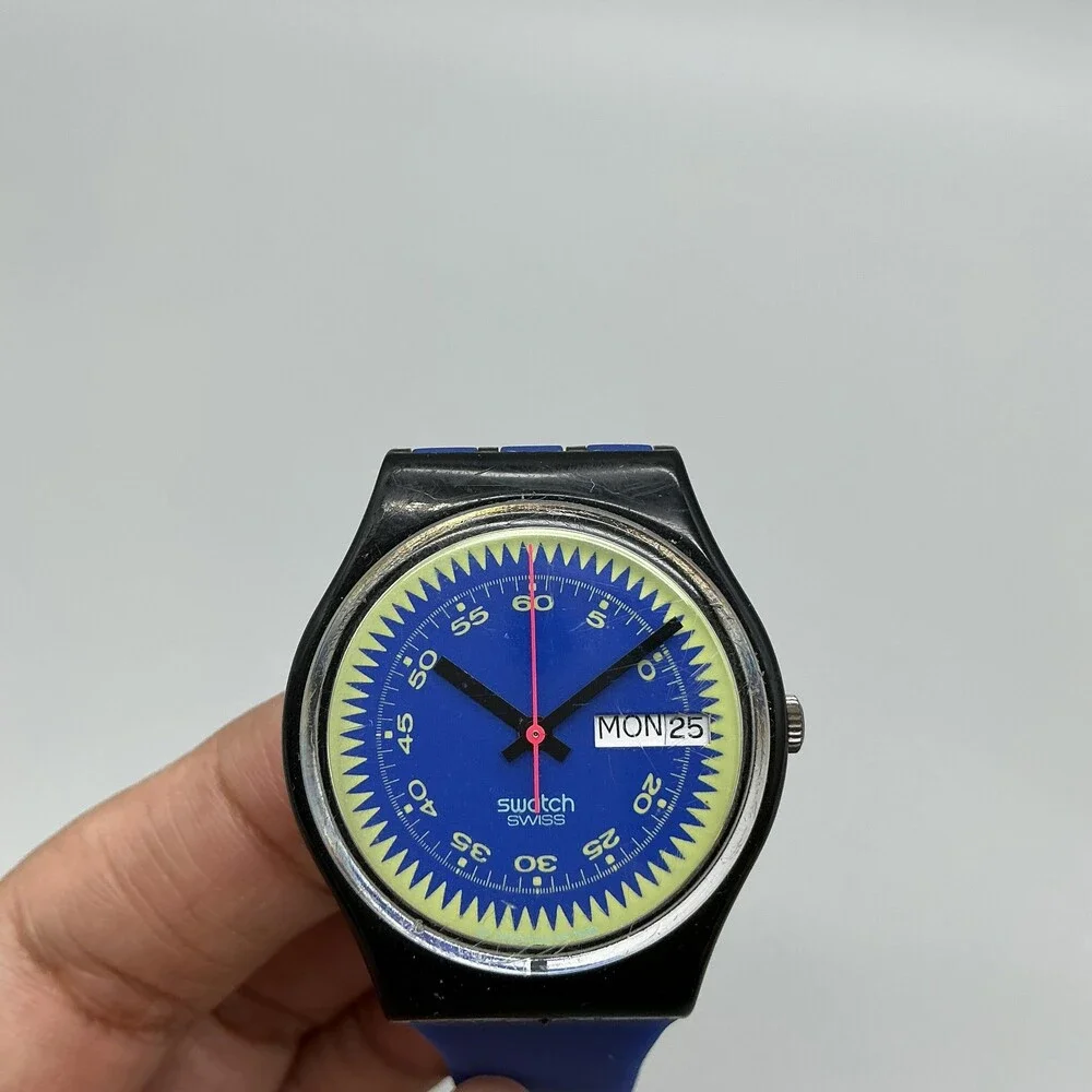 Swatch Blue Neptun Mens Watch 34mm Blue Dial Swiss Day Date New Battery